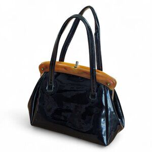 Vintage 1950s/60s Black Patent Leather Handbag with Lucite Handle